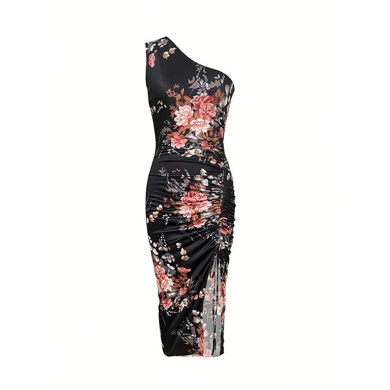 One Shoulder Floral Ruched Dress with High Split Hem