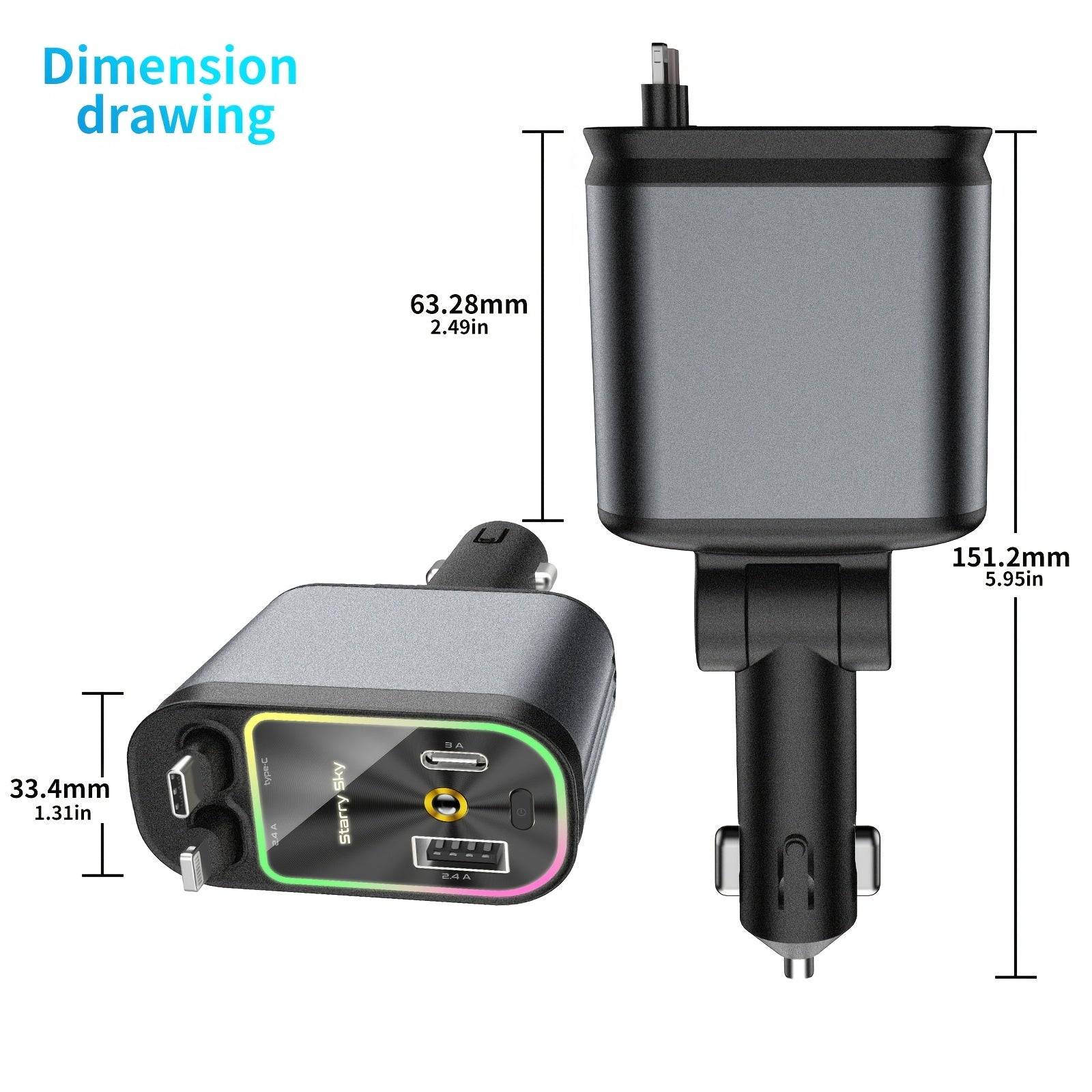 4-in-1 Super Fast Retractable Car Charger with Star Projector Night Light & Atmosphere Lighting for iPhone 15–11 & Android