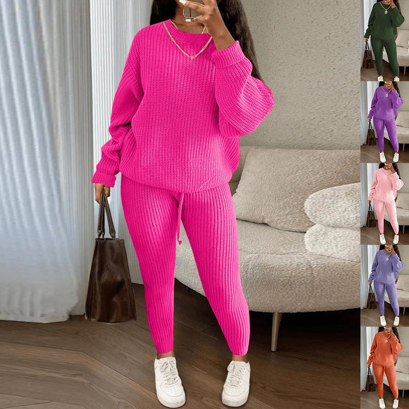 Women’s Ribbed Knit Sweater and Pants Set Loose Pullover Top with Drawstring Trousers