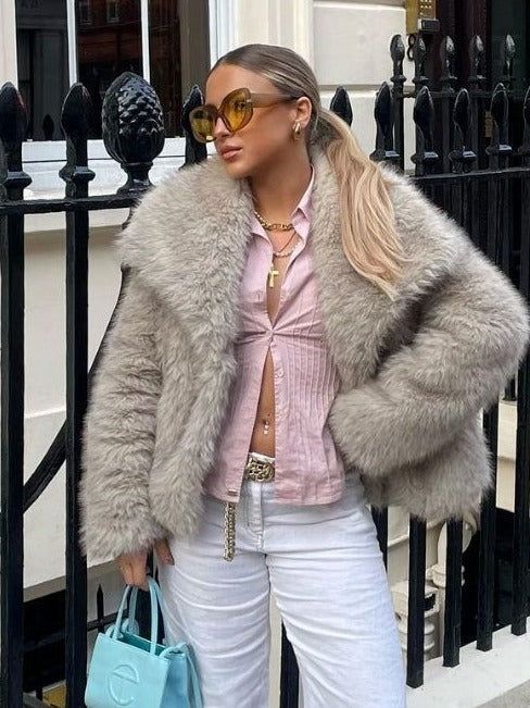 Women’s Winter Plush Coat Warm Thick Fluffy Lapel Jacket Long Sleeve Casual Outerwear