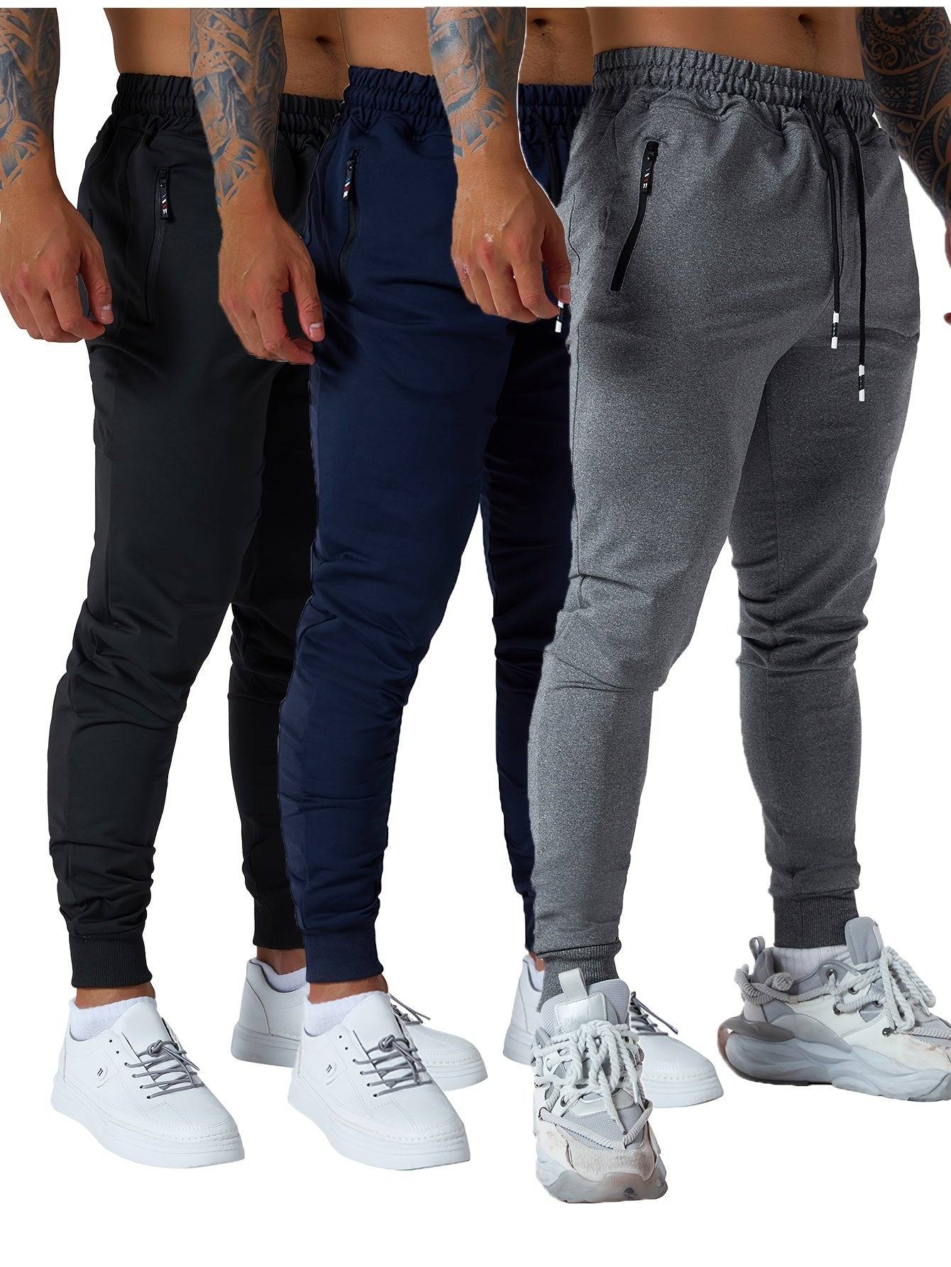 3-Pack Men’s Athletic Jogger Pants Tapered Sweatpants with Zipper Pockets for Workout, Running & Jogging