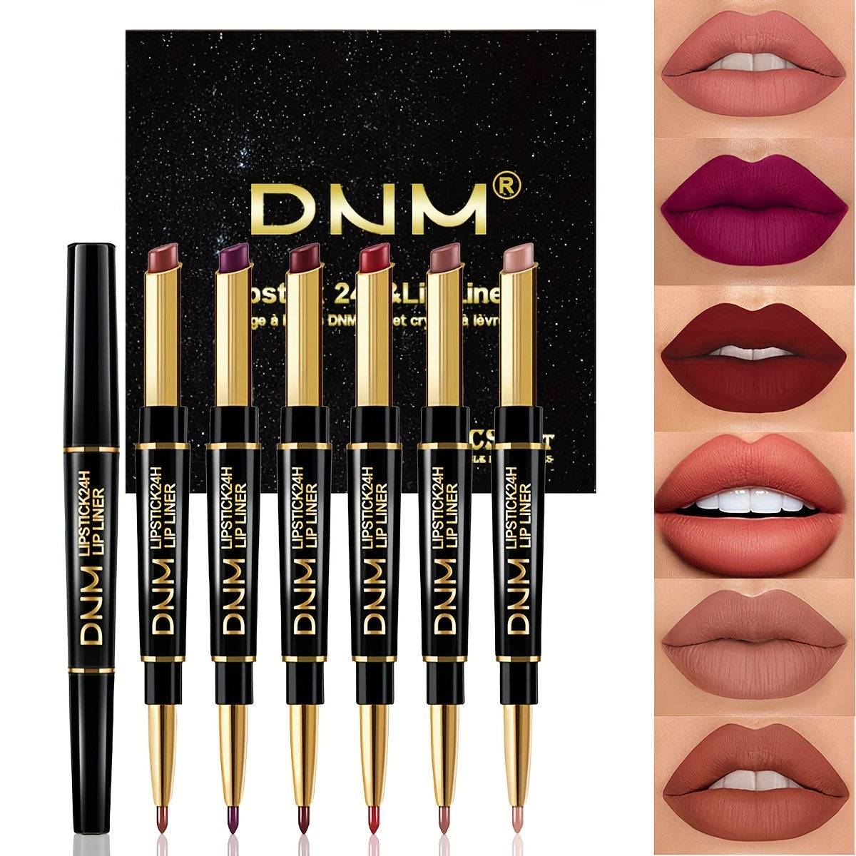 6pcs Matte Lipstick & Lip Liner Set Double-Ended Waterproof Pencils Nude to Red Shades for All-Day Wear