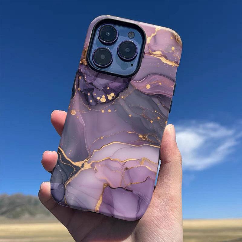Purple Marble Phone Case Glossy 2-in-1 Design with Double Layer Protection Shockproof Cover for iPhone 7–16 Pro Max Models