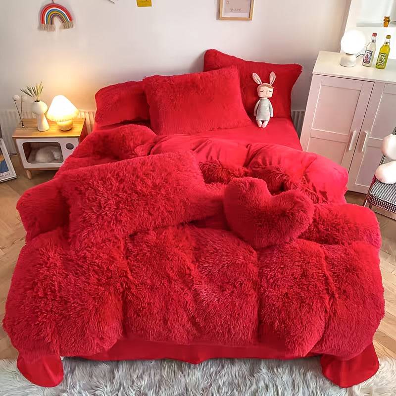 3/4-Piece Faux Down Comforter Set with Velvet Duvet Cover, Pillowcases and Heart Pillow, Ultra Soft All-Season Plush Bedding for Twin/Queen/King