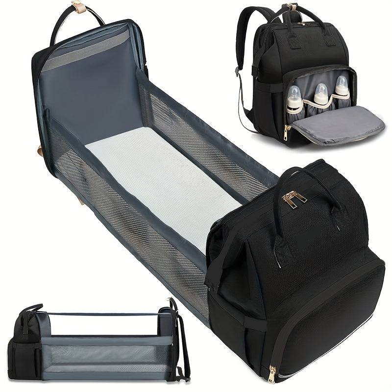 Multifunctional mommy backpack with foldable portable baby crib, double shoulder straps, stroller-friendly and large capacity