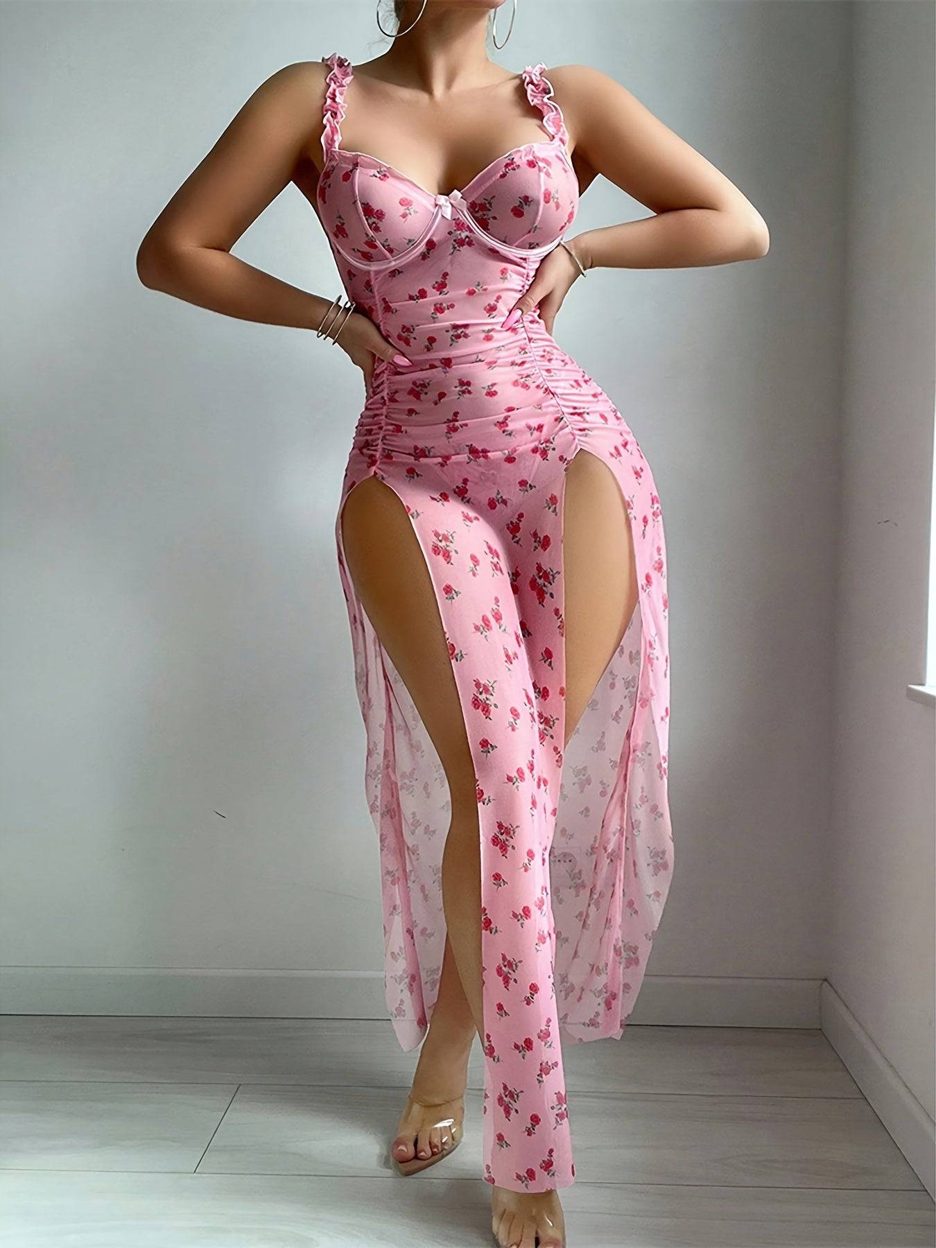Women's Elegant Semi-Sheer Slip Dress Sets, Floral Polka Dot Nightdress with Ruffle Straps, V-Neck, Open Back, Side Slits and Thong