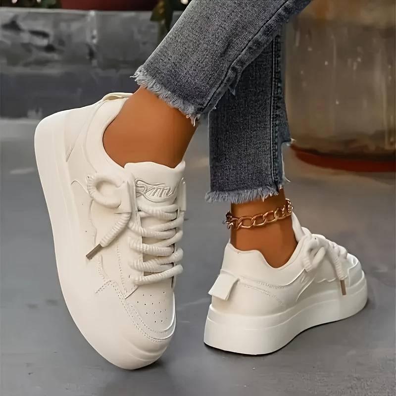 Women’s White Lace-Up Low-Top Sneakers – Thick Sole, Breathable Comfort, Fashion Casual Style