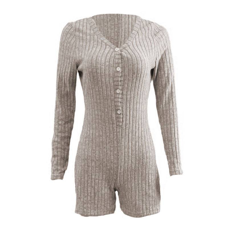 Rib Knit Long Sleeve Jumpsuit Slim Fit Short Length Relaxed Waist
