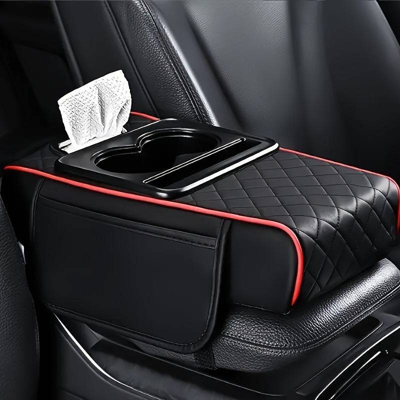 Universal Car Center Console Organizer with 2 Cup Holders and 2 Pockets, Faux PU Leather Armrest Cover with Multifunctional Storage for Phone and Accessories