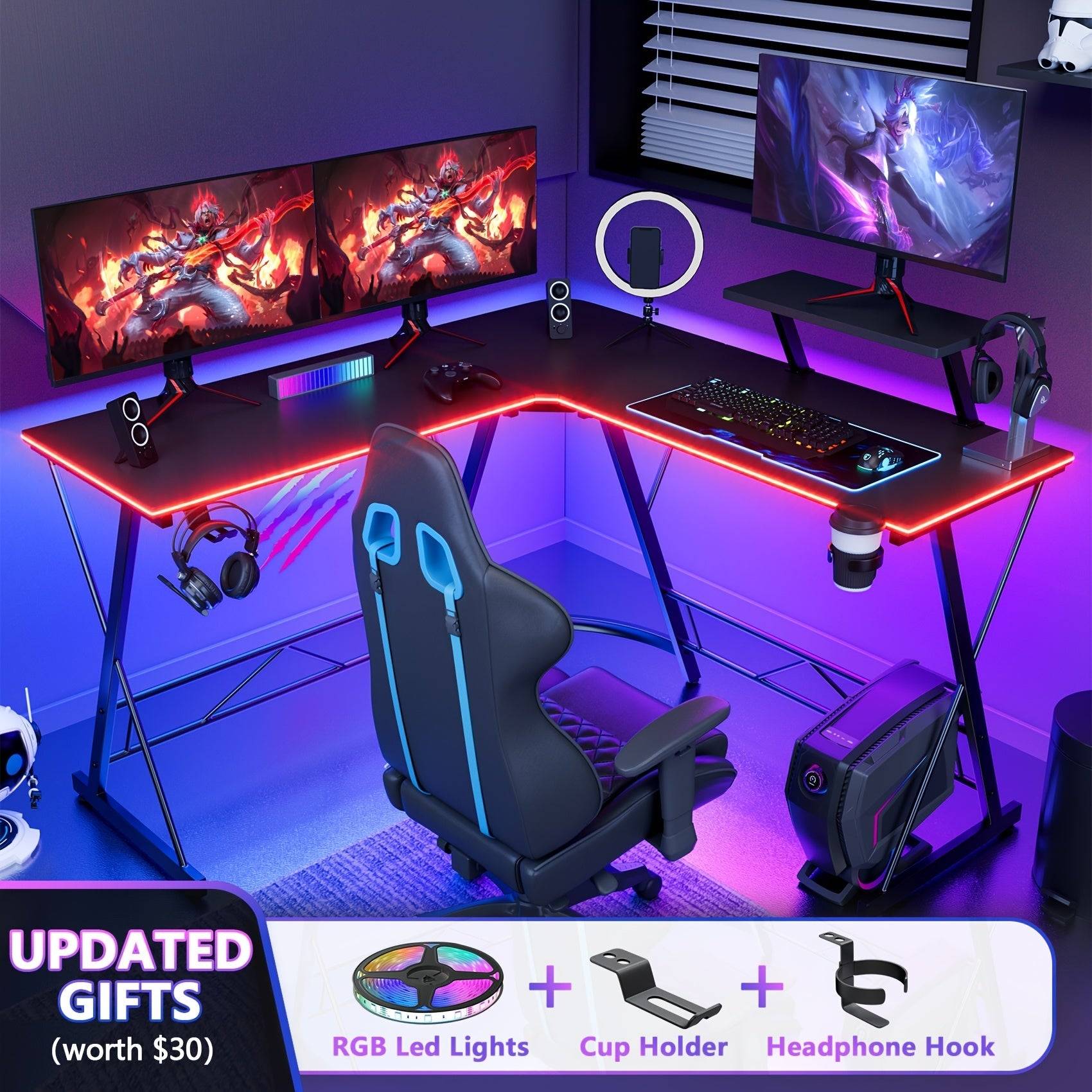 51" L-Shaped Gaming Desk, Black Corner Computer Table with Cup Holder, Headphone Hook, RGB Light Strip and Display Stand, Dual Workstation for Home Office or Game Room