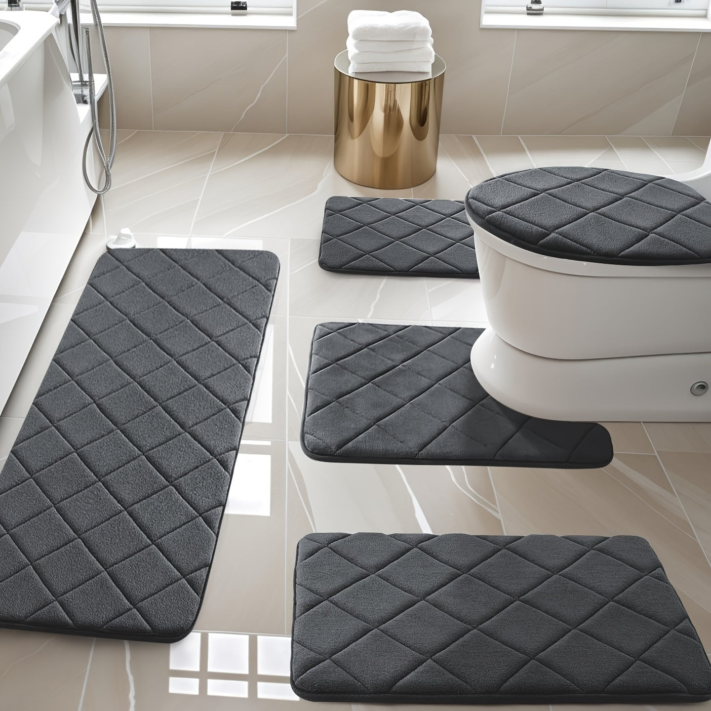 3/5pcs Bathroom Rug Set Soft Memory Foam Mats with Anti-Slip Design Machine Washable Absorbent Grey Rugs for Toilet & Floor