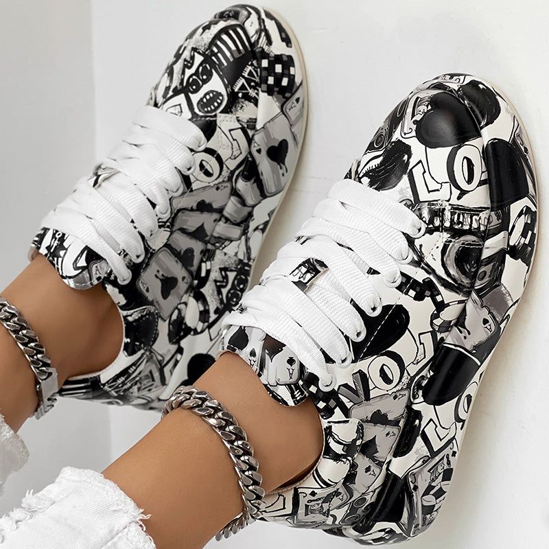Geometric Print Sneakers With Lace Up Low Top Design