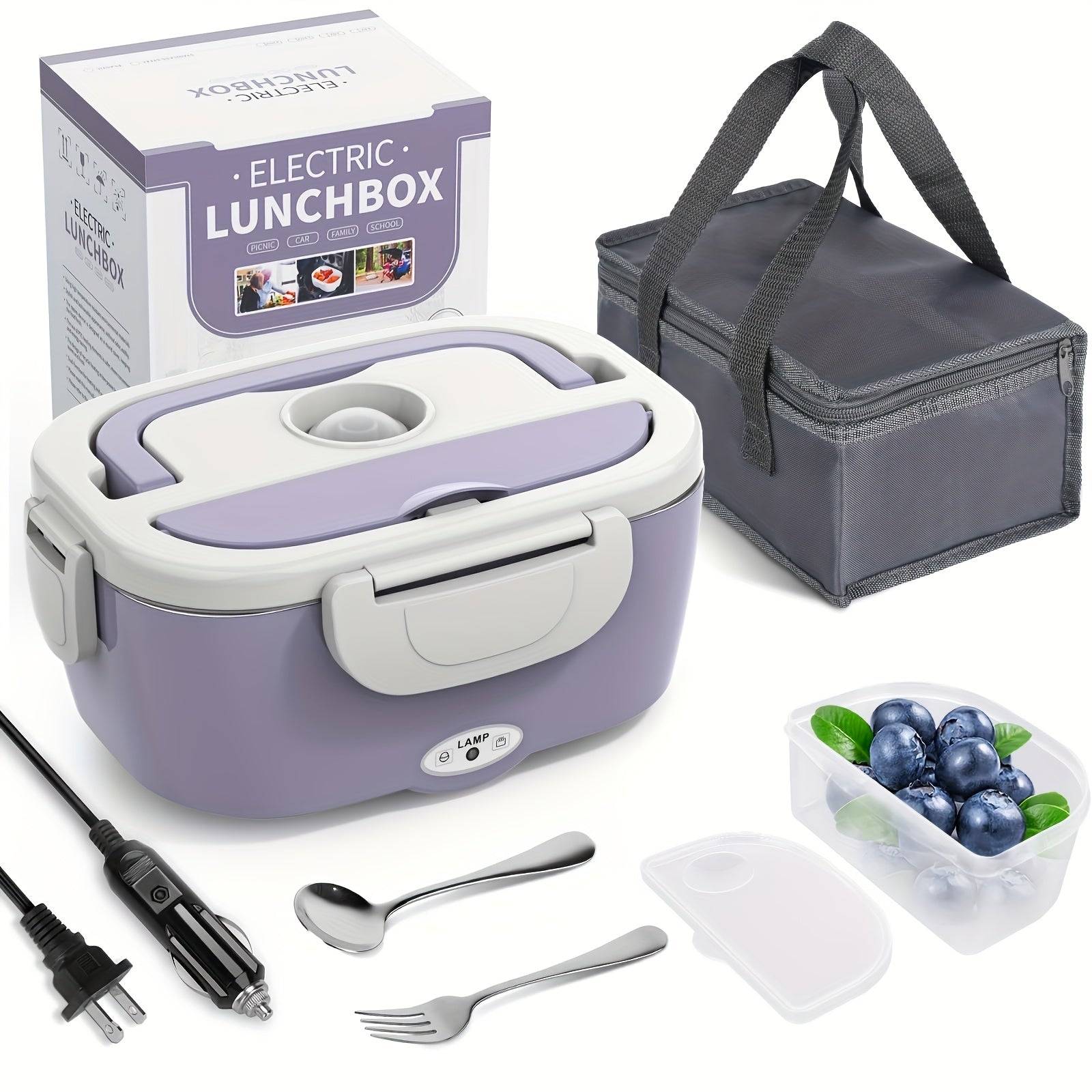 Electric Lunch Box Food Warmer 3-in-1 Portable Heated Lunchbox for Adults 12V/24V/110V with Fork, Spoon & Insulated Carry Bag for Car, Truck & Office