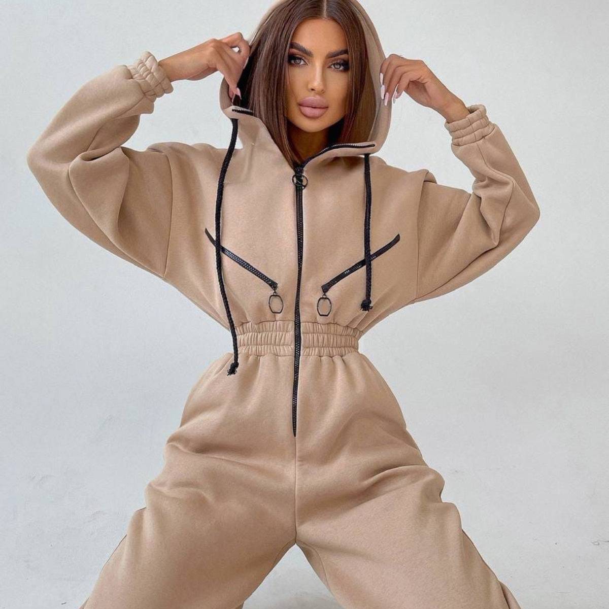 Womens Hooded Jumpsuit Long Sleeve Cotton Blend Stretch