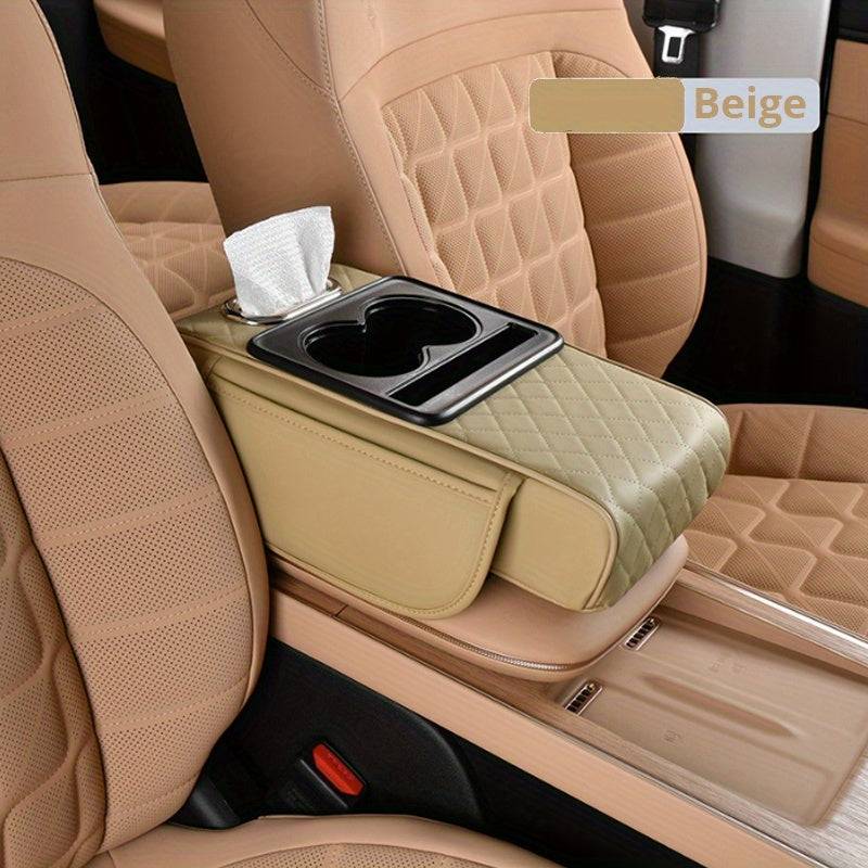 Universal Car Center Console Organizer with 2 Cup Holders and 2 Pockets, Faux PU Leather Armrest Cover with Multifunctional Storage for Phone and Accessories