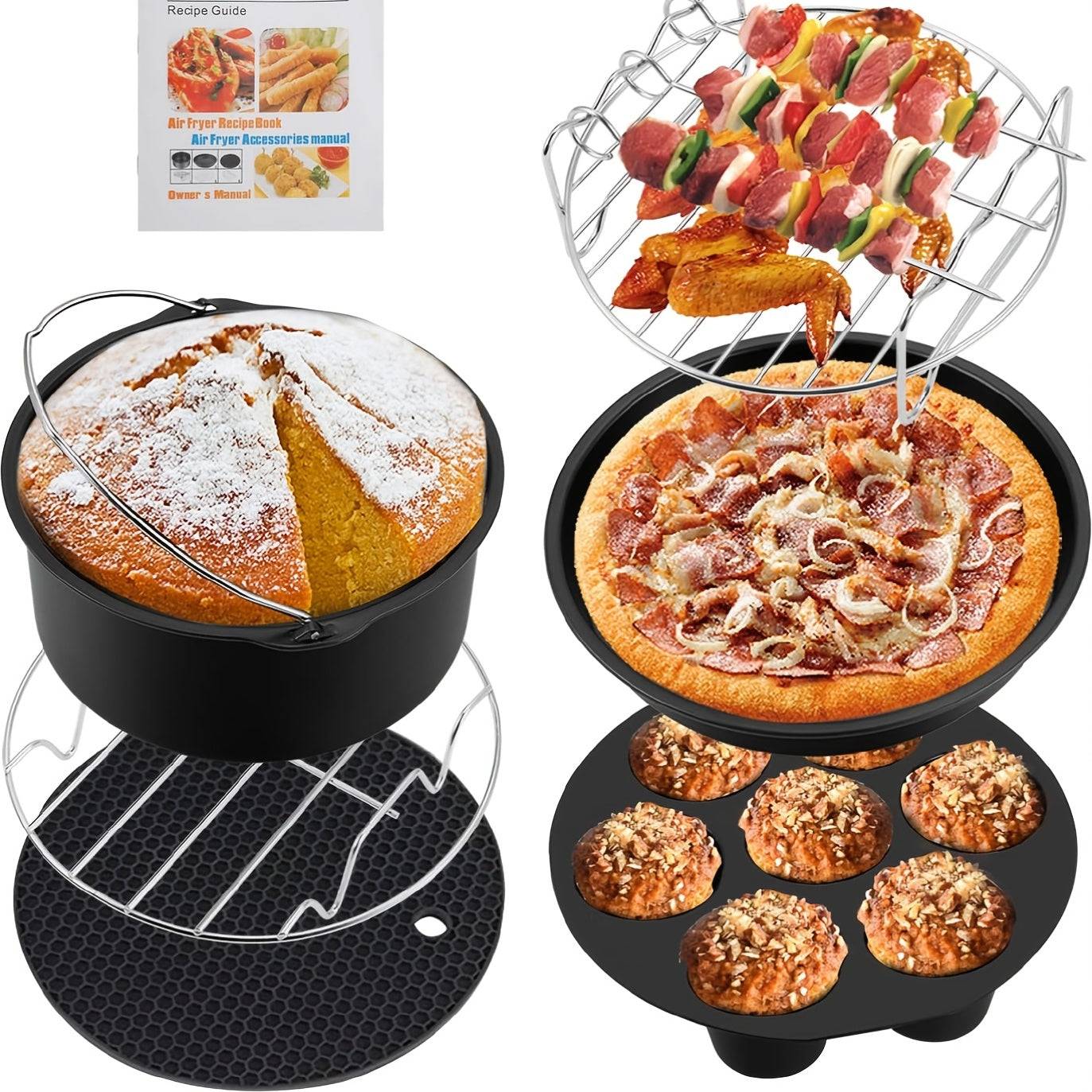 7-Piece Air Fryer Accessories Set 8" Egg Bites Mold, Pizza Pan, Cake Barrel, Skewer Rack & Silicone Mat Nonstick & Dishwasher Safe for 3.5Qt–5.8Qt Air Fryers