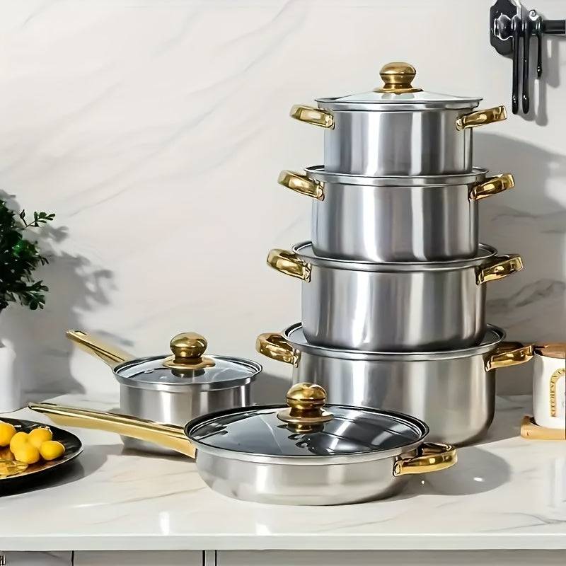 12-Piece Stainless Steel Cookware Set Pots & Pans with Stockpot, Saucepans & Frying Pans Glass Lids, Induction, Gas & Electric Compatible, Dishwasher Safe