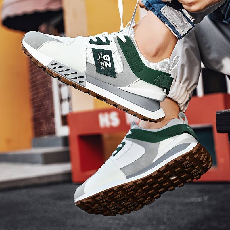 Men’s Casual Sneakers with Vintage Graphic Print, PU Upper & Non-Slip Rubber Sole, Low-Top Lace-Up Shoes for All-Season Wear