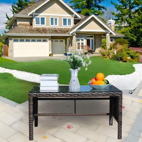 Coffee Table Rattan Outdoor with Tempered Glass