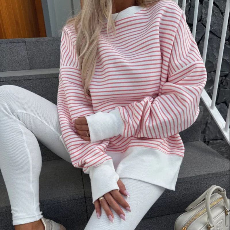 Striped Long Sleeve Sweatshirts with Side Slit Design