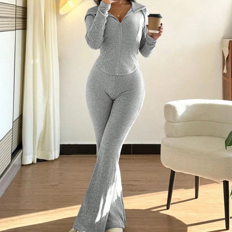 Womens Two Piece Set Hooded Jacket Flare Pants