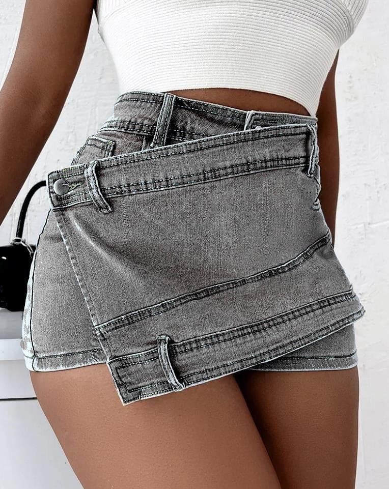 Street Vintage Denim Shorts Stretch Overlap Waist Wrap Solid Asymmetrical Hem A-Line Skinny Mini Skorts Skirt - PMMNAPOLES