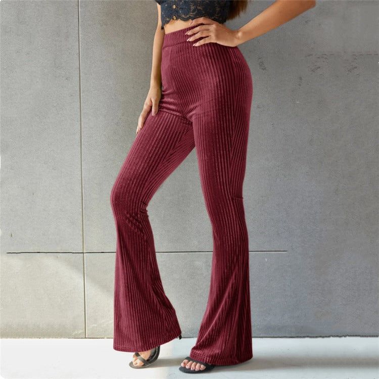 Women’s High Waist Flare Pants Gold Velvet Ribbed Striped Solid Color Slim Fit Trousers