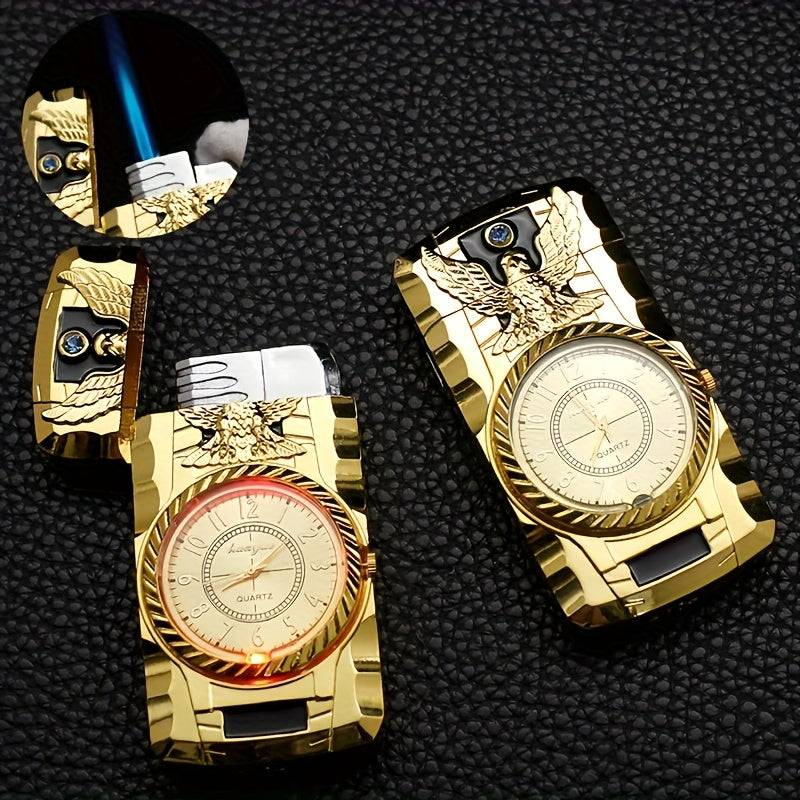 Retro Watch-Style Torch Lighter Windproof Refillable Metal Butane with Compass & Roman Numerals Golden Green Accents for Outdoor Use