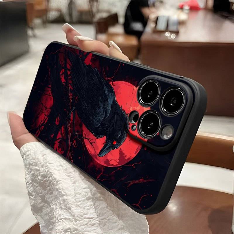 Raven Pattern Phone Case Blood Moon & Dark Forest Design Shockproof TPU Protective Cover for iPhone 11–16 Pro, Plus & Pro Max Models