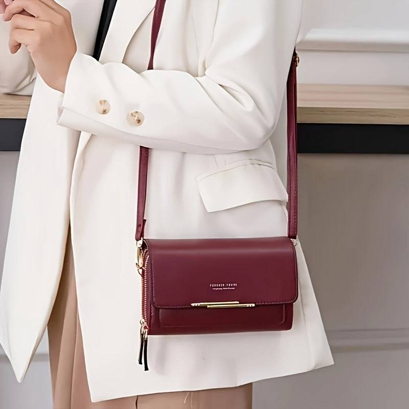 Women’s Square Crossbody Bag with Double Zipper Multi-Compartment PU Shoulder Bag with Card Slots & Detachable Strap for Phone, Coins & Daily Essentials