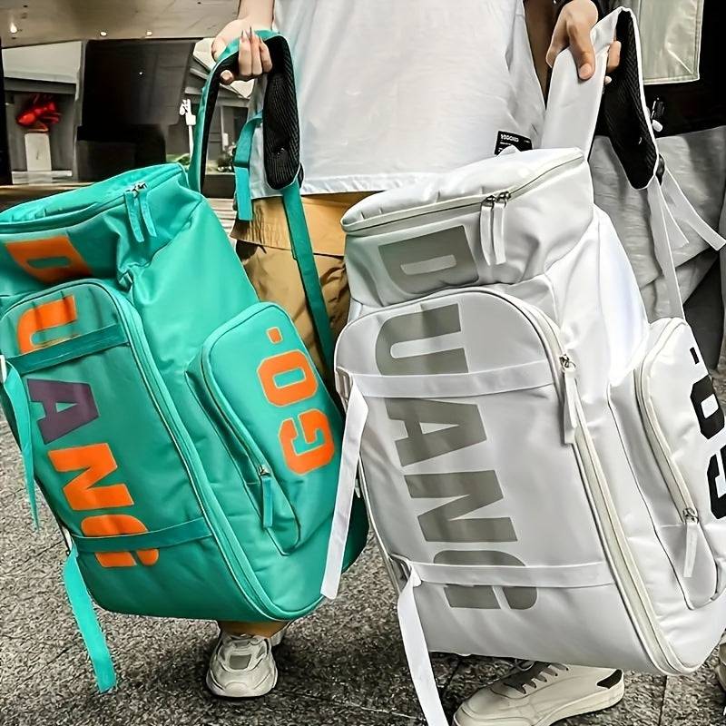 Large travel backpack in teal and white color options, featuring bold DUANI print, wet/dry compartments, and adjustable shoulder straps.