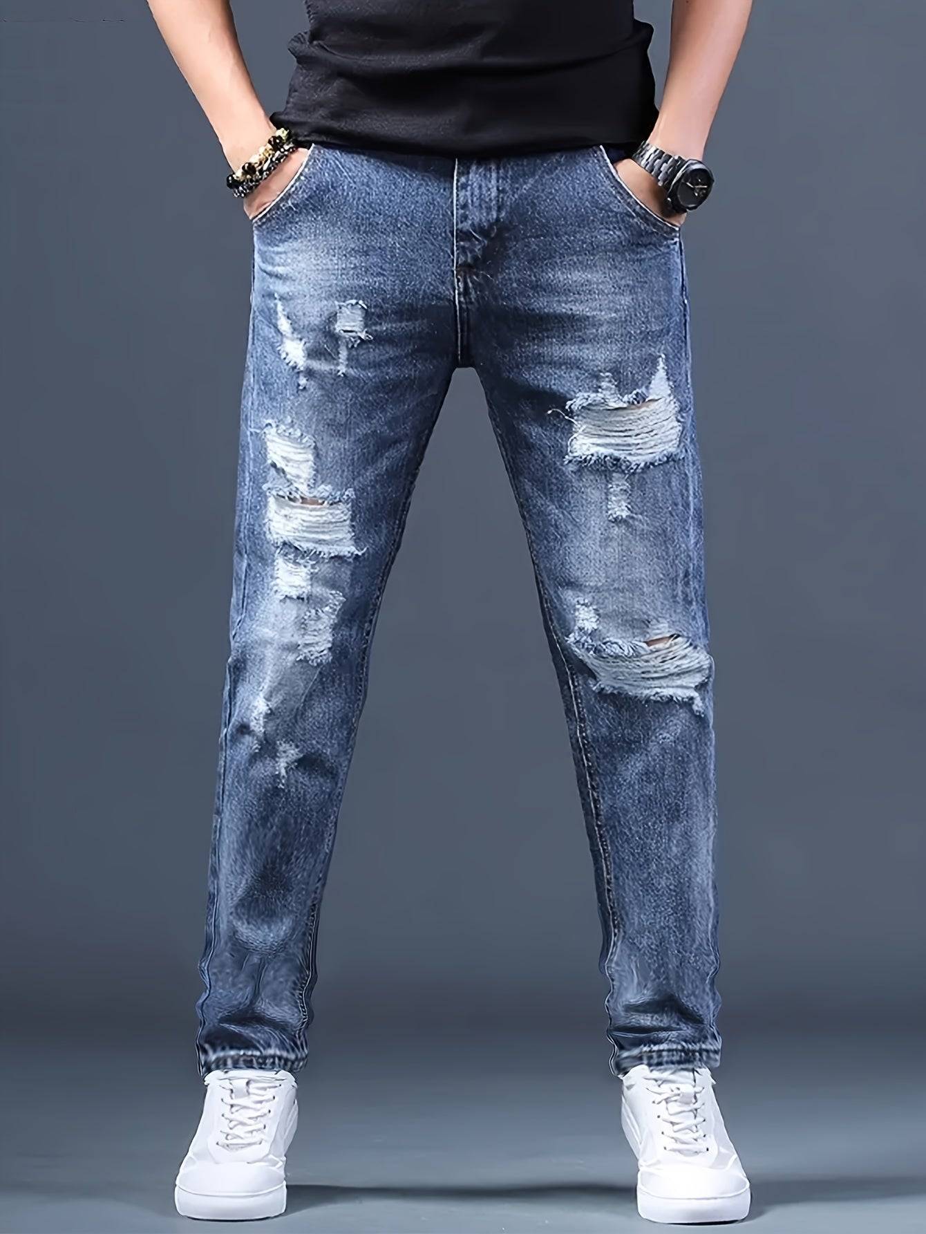 Men’s Straight Leg Ripped Jeans Non-Stretch Denim Frayed Hem Blue Street Style for All-Season Wear