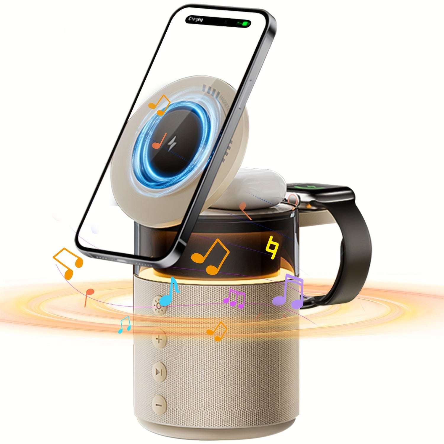 7-in-1 Wireless Charging Station with Night Light, Dual Phone Dock, Fast Charger for iPhone, AirPods & iWatch, 30W Adapter, USB-C & USB-A Outputs