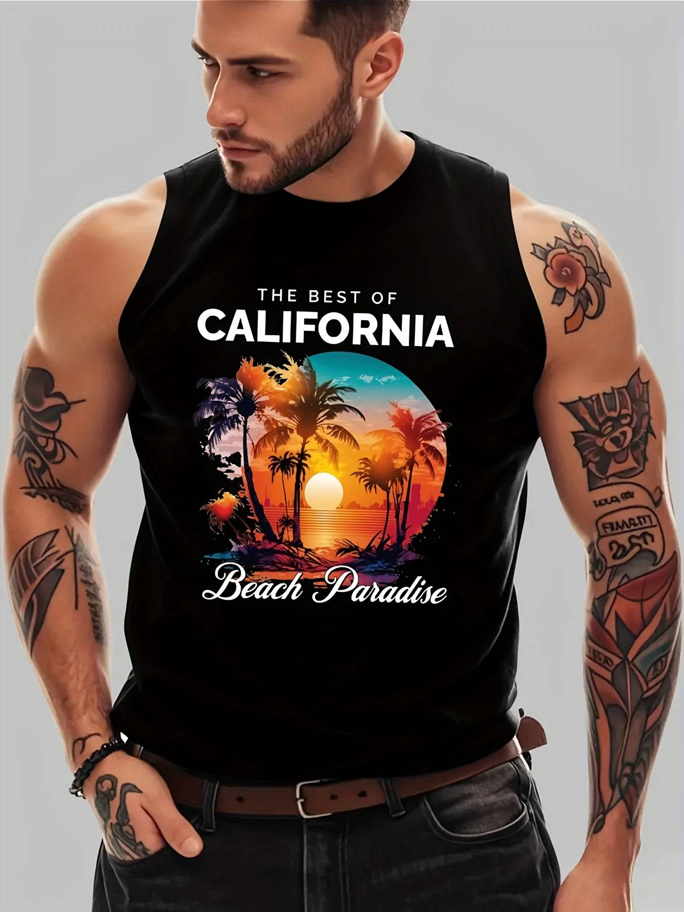 Men’s Sleeveless Tank Top Cotton Comfort California Beach Sunset Print Loose Fit for Gym & Summer