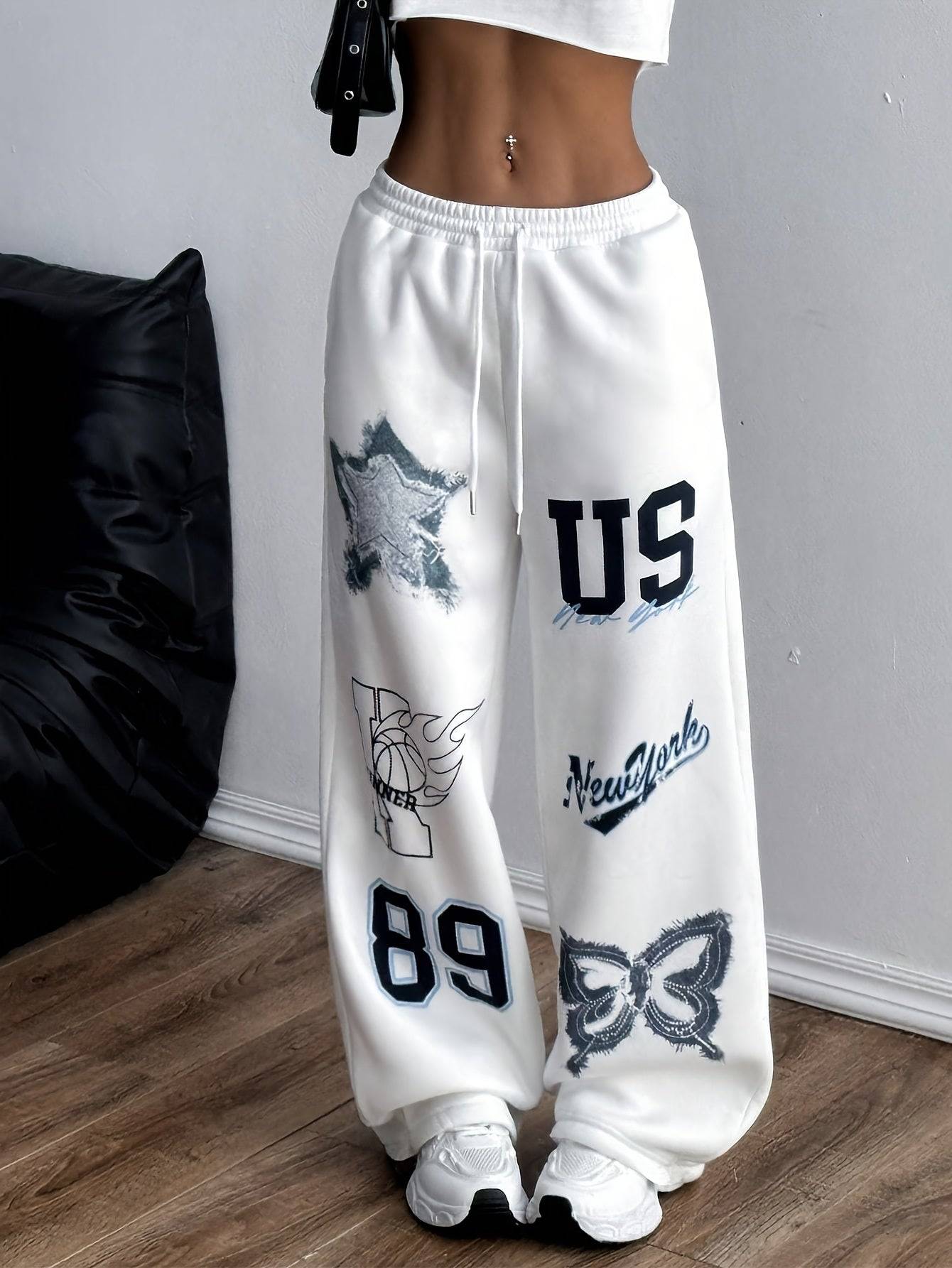 Women’s Casual Loose-Fit Print Pants – Drawstring Waist, Polyester-Spandex Blend, Comfortable & Machine Washable