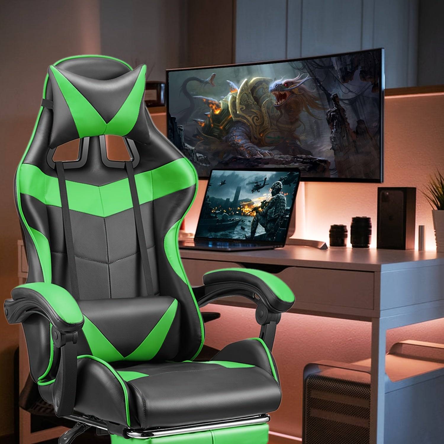 Green and black ergonomic gaming chair with massage, adjustable headrest and lumbar support in a stylish gaming room.