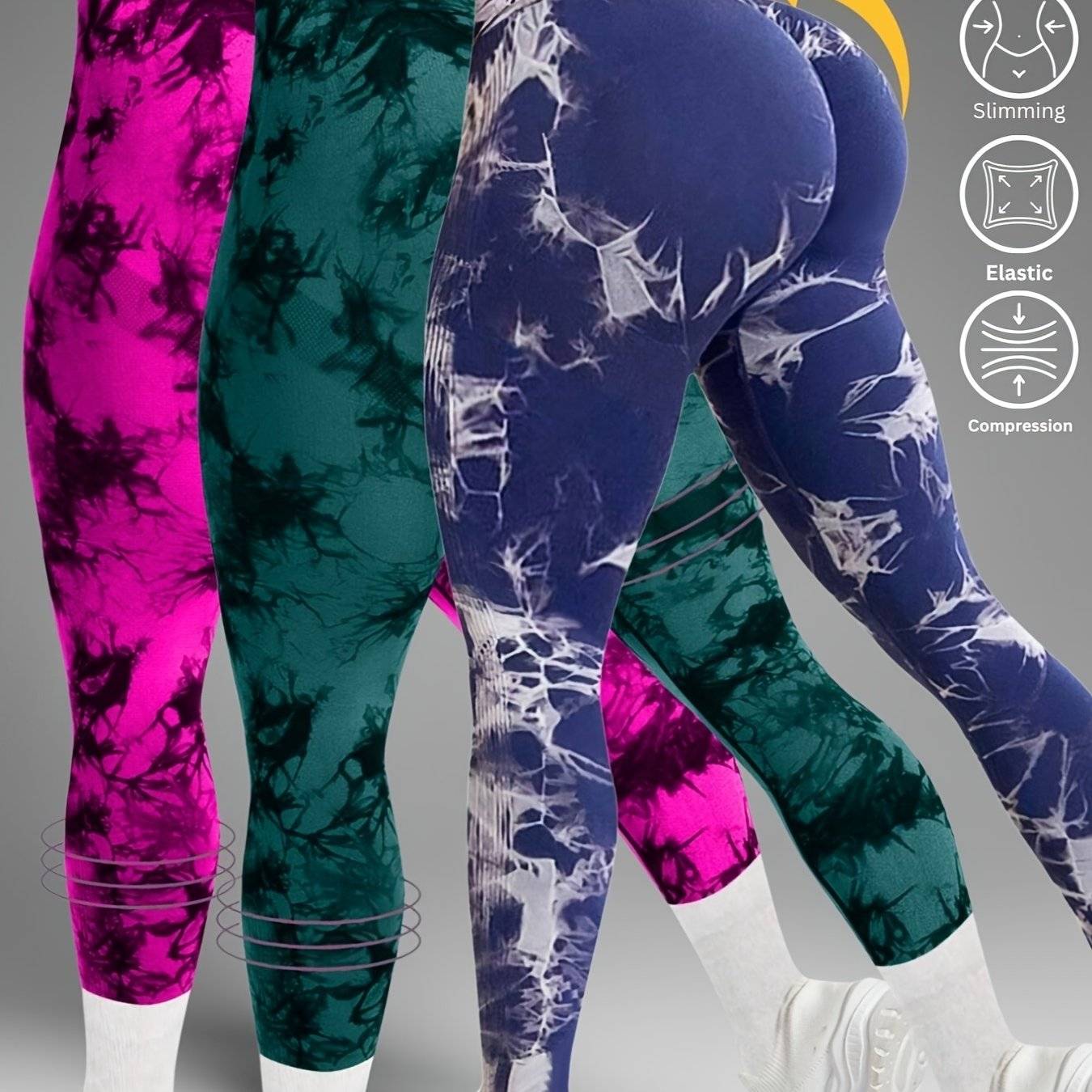 3-Pack Women's High-Waisted Tie-Dye Leggings, Seamless Butt-Lifting Tummy Control Pants with Wide Waistband, Compression Fit for Gym and Daily Wear