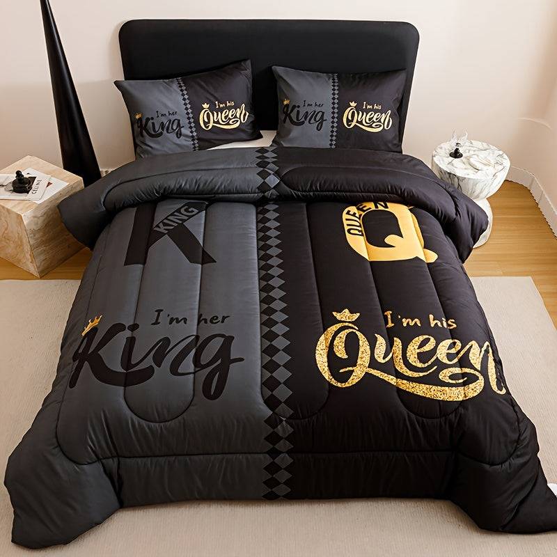 Crown Letter Quilt Set 3-Piece – Black & Grey Color Block Comforter with Pillowcases, 180gsm Padded