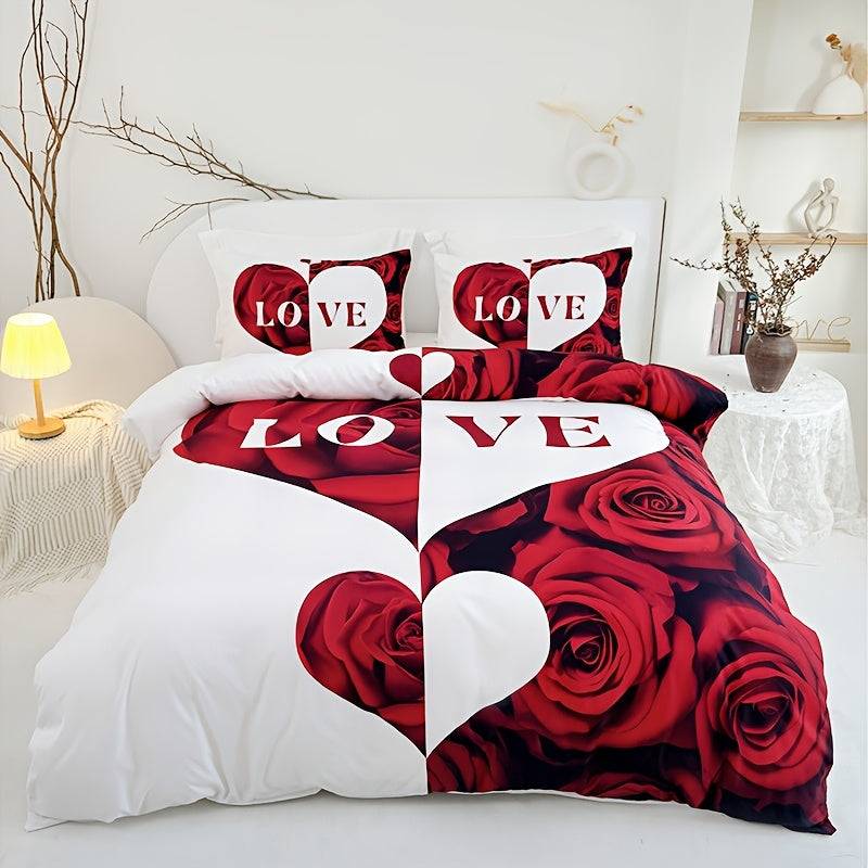 3-Piece Red & White Love Heart Duvet Cover Set – Romantic Digital Print Bedding for Bedroom Decor & Mother’s Day Gift