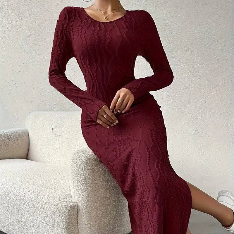 Ribbed Bodycon Midi Dress with Crew Neck Long Sleeves