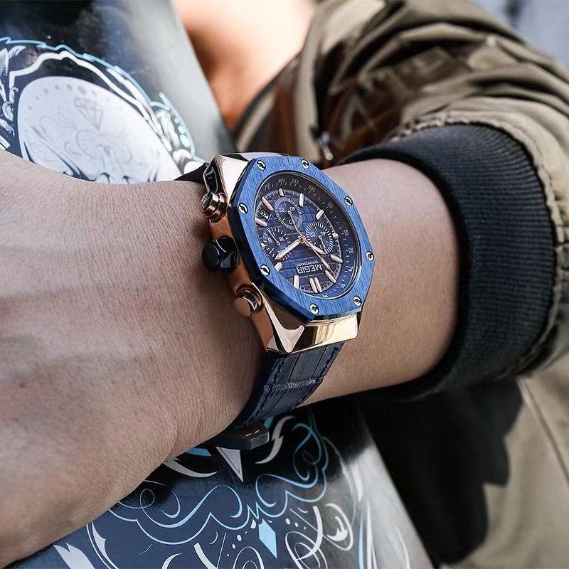 Men’s Multifunctional Waterproof Quartz Watch with Steel or Leather Strap, 13mm Thick