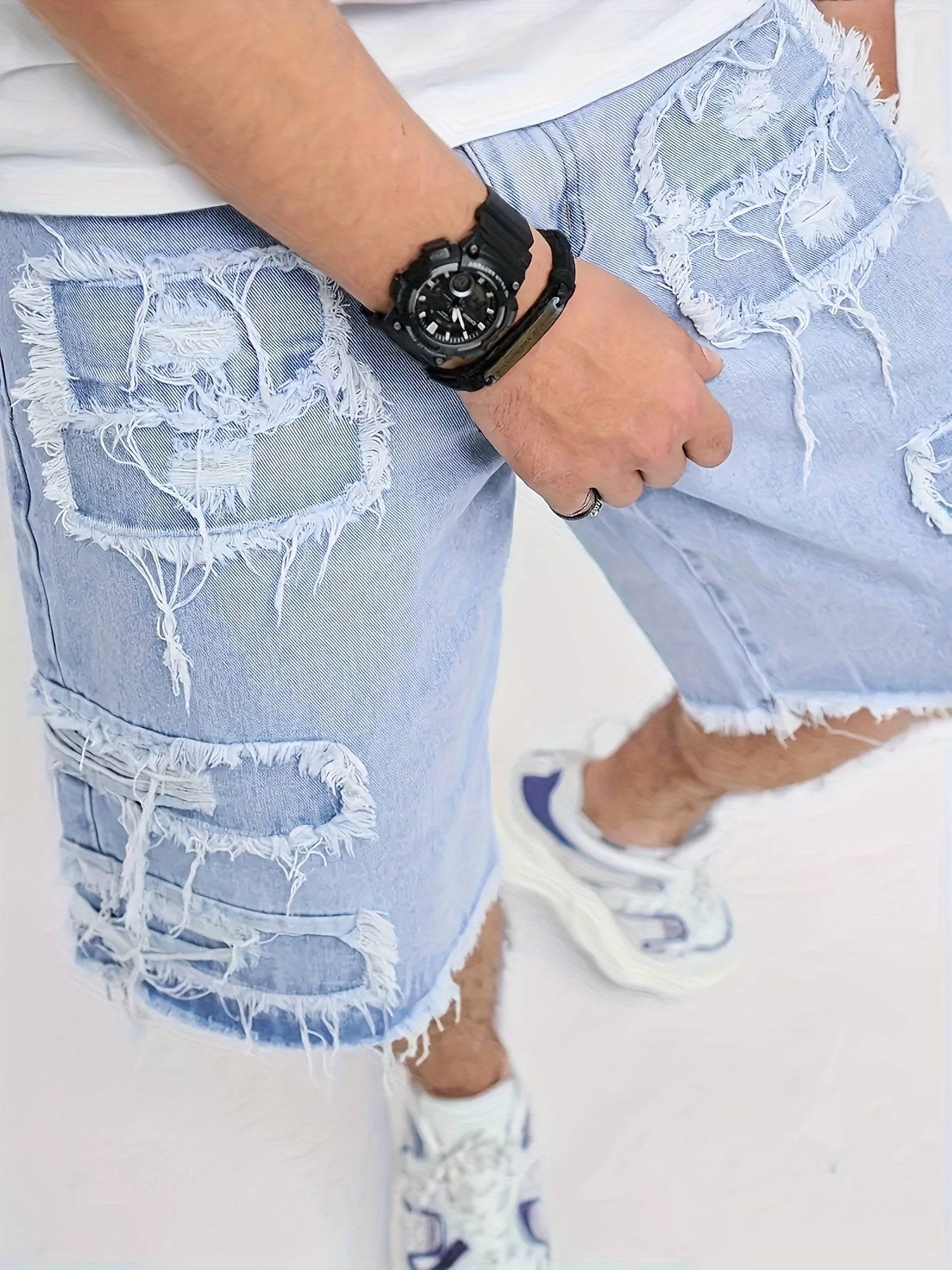 Men’s Summer Denim Shorts Distressed Ripped Design with Raw Hem Cotton Blend, Machine Washable
