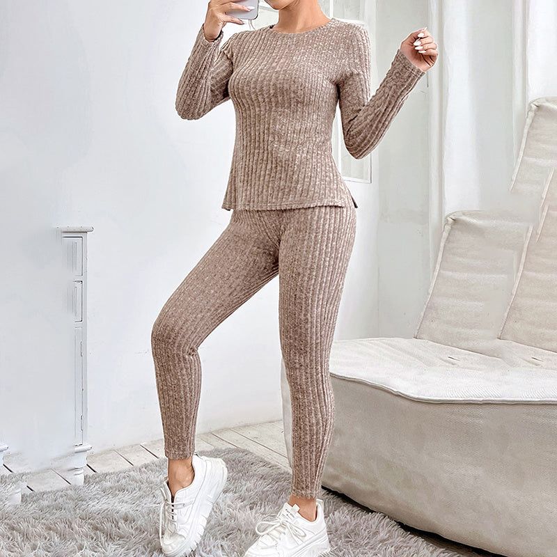 Matching Set Ribbed Knit Long Sleeve Top and Pants
