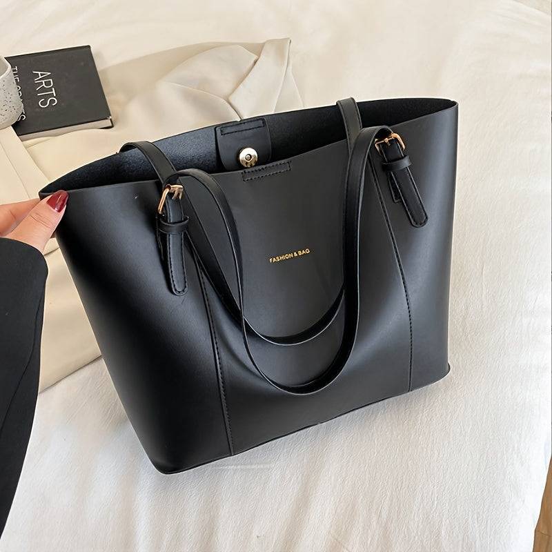 Women’s Large Shoulder Bag – Black & Gold Contrast, Adjustable Straps, Snap Closure, Minimalist Style