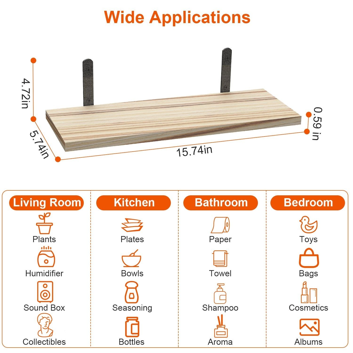 6 Set Wood Floating Shelves with Metal Wall Brackets