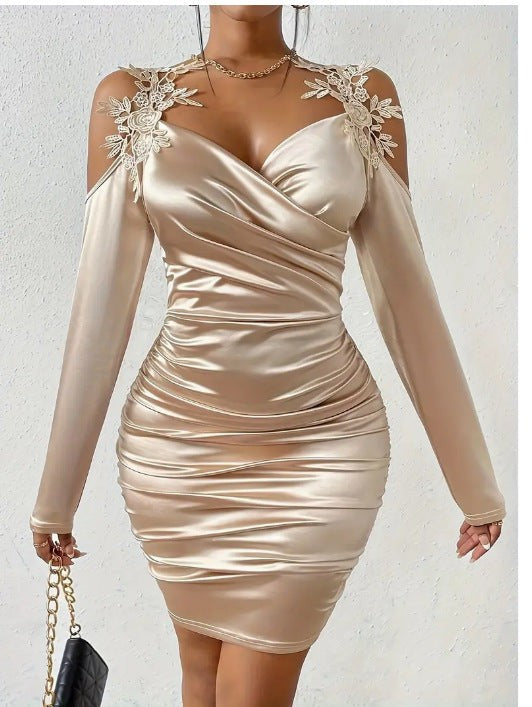 Elegant Satin Lace Bodycon Dress With Pleated Skirt