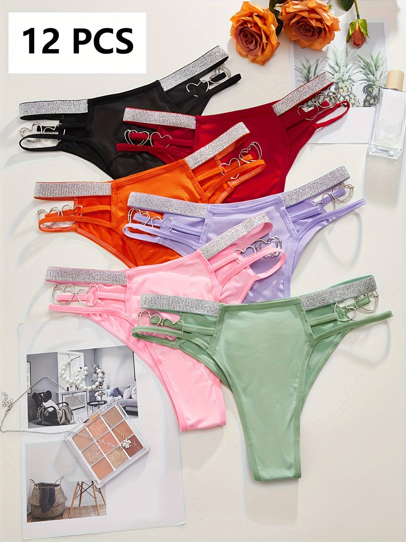 12-Pack Low-Rise Thongs with Chain Waist & Heart Cutouts – Soft, Breathable & Vibrant Underwear for Women