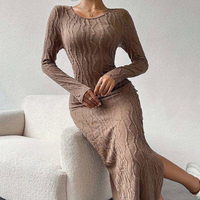 Ribbed Bodycon Midi Dress with Crew Neck Long Sleeves