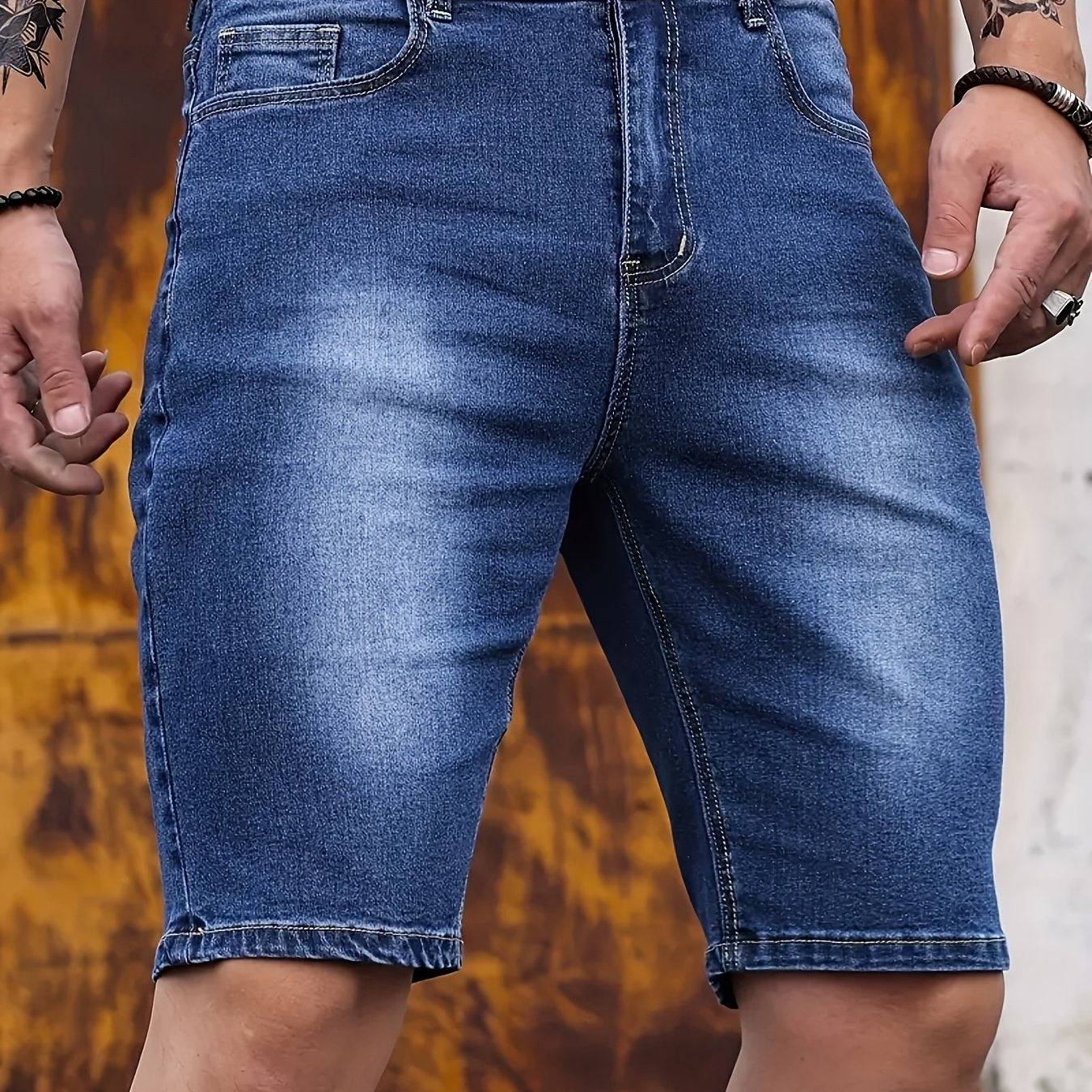 Men’s Slim Fit Dark Blue Denim Shorts Knee-Length Straight Leg Multiple Pockets Mid-Stretch Fabric for Outdoor & Casual Wear
