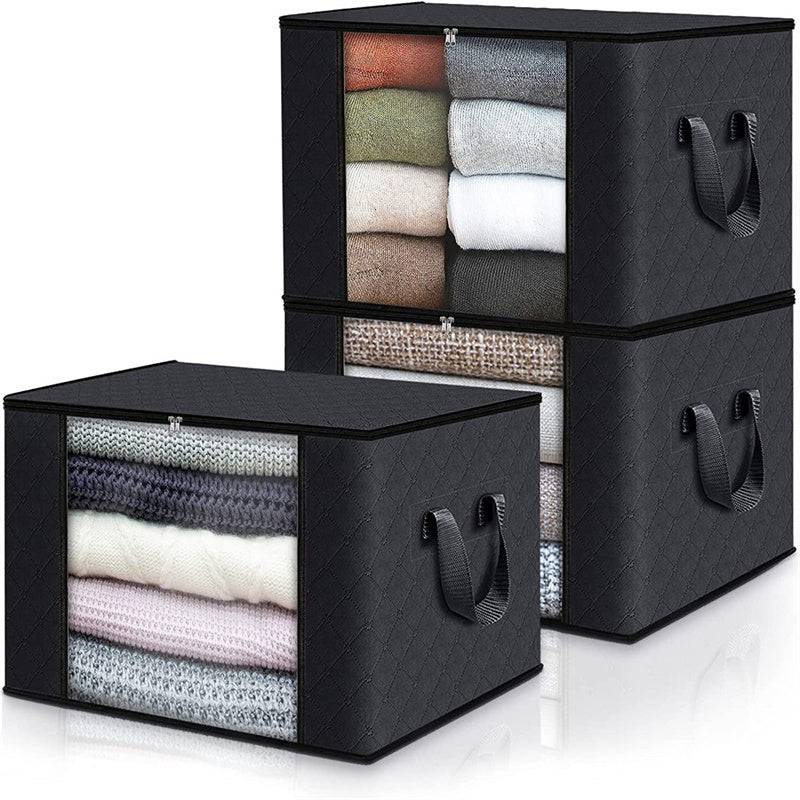 3-Pack Large Capacity Foldable Storage Bins, Grey Woven Fabric Boxes for Bedroom, Dorm, Wardrobe or Under-Bed Organization